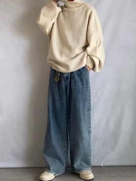 「NILWAY（ニルウェイ）のイージーケアファブリックボリュームスリーブハイネックニット/ベーシック（ニット/セーター、ホワイト系）」を使った、minto_8746さん（メンズ・165cm）の秋コーディネート