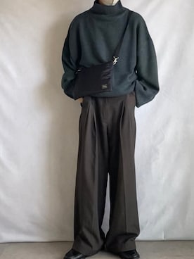 「NILWAY（ニルウェイ）のイージーケアファブリックボリュームスリーブハイネックニット/ベーシック（ニット/セーター、グリーン系）」を使った、minto_8746さん（メンズ・165cm）の秋コーディネート