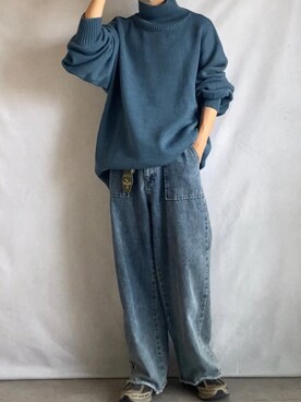 「NILWAY（ニルウェイ）のイージーケアファブリックボリュームスリーブハイネックニット/ベーシック（ニット/セーター、ブルー系）」を使った、minto_8746さん（メンズ・165cm）の秋コーディネート