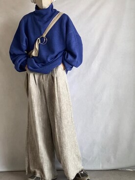 「NILWAY（ニルウェイ）のイージーケアファブリックボリュームスリーブハイネックニット/ベーシック（ニット/セーター、ブラック系）」を使った、minto_8746さん（メンズ・165cm）の秋コーディネート