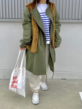 「CPCM（シーピーシーエム）のアイテム（モッズコート）」を使った、ななおさん（レディース・162cm）の冬コーディネート