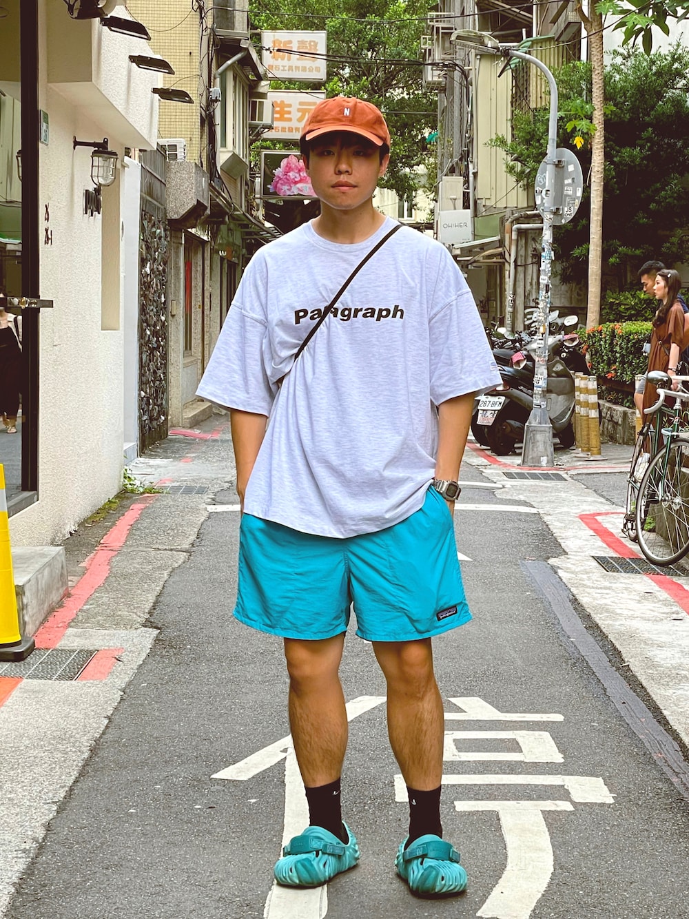 「NORSEprojects、patagonia、crocs、Paragraph、Carhartt WIP(Carhartt WIP)」｜「patagoniaのアイテム（パンツ、ブルー系）」を使った、ITFさん（メンズ・173cm）の夏コーディネートの1枚目の写真