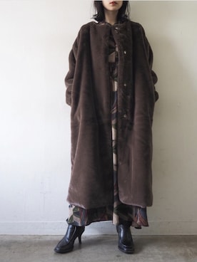「Lumier（リュミエ）のアイテム（ノーカラーコート）」を使った、memeさん（レディース・159cm）の冬コーディネート