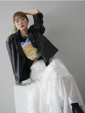 「Lumier（リュミエ）のアイテム（ライダースジャケット）」を使った、memeさん（レディース・159cm）の春コーディネート