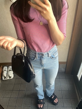 「Kastane（カスタネ）のテレコボーダー5分袖Tee（Tシャツ/カットソー）」を使った、tarosukeさん（レディース・152cm）の秋コーディネート