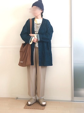 「ボーダートップス」｜「アイテム（ノーカラージャケット）」を使った、yu*さん（レディース・166cm）の秋コーディネート