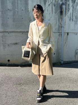 「STYLEMIXER（スタイルミキサー）のテーラーカラーオープンシャツ（シャツ/ブラウス、ホワイト系）」を使った、かなこさん（レディース・164cm）の春コーディネート