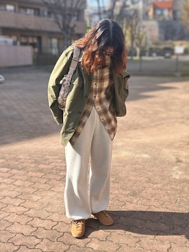 「green label relaxing（グリーンレーベルリラクシング）の［size SHORTあり］シアー チェック シャツ（シャツ/ブラウス、ブラウン系）」を使った、かなこさん（レディース・164cm）の春コーディネート