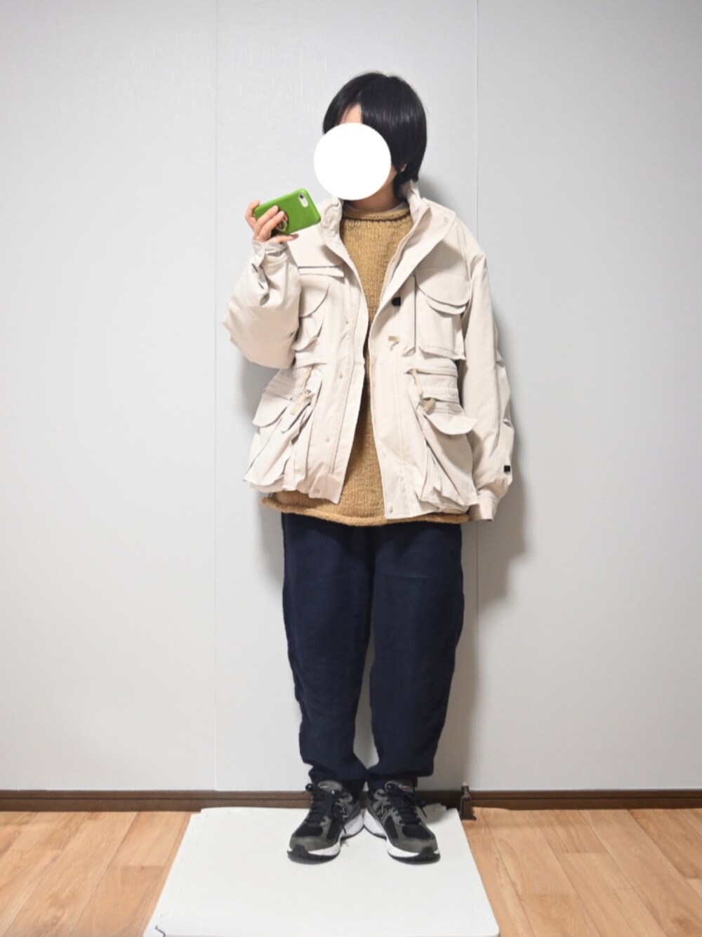 「カジュアルコーデ、冬、マイベストコーデ2021、おしゃれさんと繋がりたい、休日コーデ、今日のコーデ、低身長コーデ、私の推しブランド、シンプル、ビッグシルエット、フィッシングジャケット、DAIWAPIER39、オーバーサイズ、メンズライク、ニット」｜「Steven Alanの＜Niche. × Steven Alan＞ Roll Neck KNIT/ニット（ニット/セーター、ベージュ系）」を使った、あちょんさん（レディース・158cm）の冬コーディネートの1枚目の写真