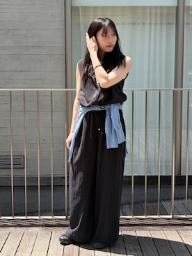 「B.C STOCK（ベーセーストック）の《追加》手洗い可 / フィブリルRelaxパンツ（その他パンツ、ブラック系）」を使った、ツムさん（レディース・158cm）の春コーディネート
