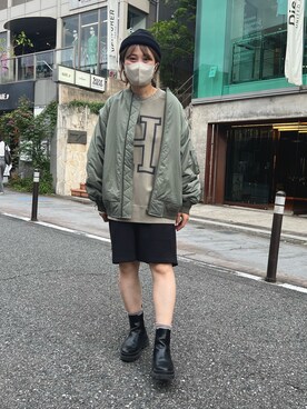 「ハーフパンツ」｜「アイテム（MA-1）」を使った、norico さん（レディース・160cm）の秋コーディネート