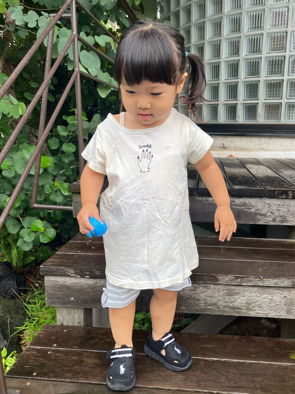 「プチプラ、プチプラコーデ、プチプラミックス、白Tシャツ、Tシャツ、Tシャツ/カットソー、ボーダー、ボーダーパンツ、ハーフパンツ、devirock、Polo Ralph Lauren、ポロラルフローレン、サンダル、女の子、夏コーデ」｜「devirockのデビラボ チュニックTシャツ（Tシャツ/カットソー、その他）」を使った、hanamaruさん（キッズ・80cm）の秋コーディネートの1枚目の写真