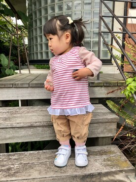 「petit main（プティマイン）のアイテム（バレッタ/ヘアクリップ）」を使った、hanamaruさん（キッズ・80cm）の春コーディネート