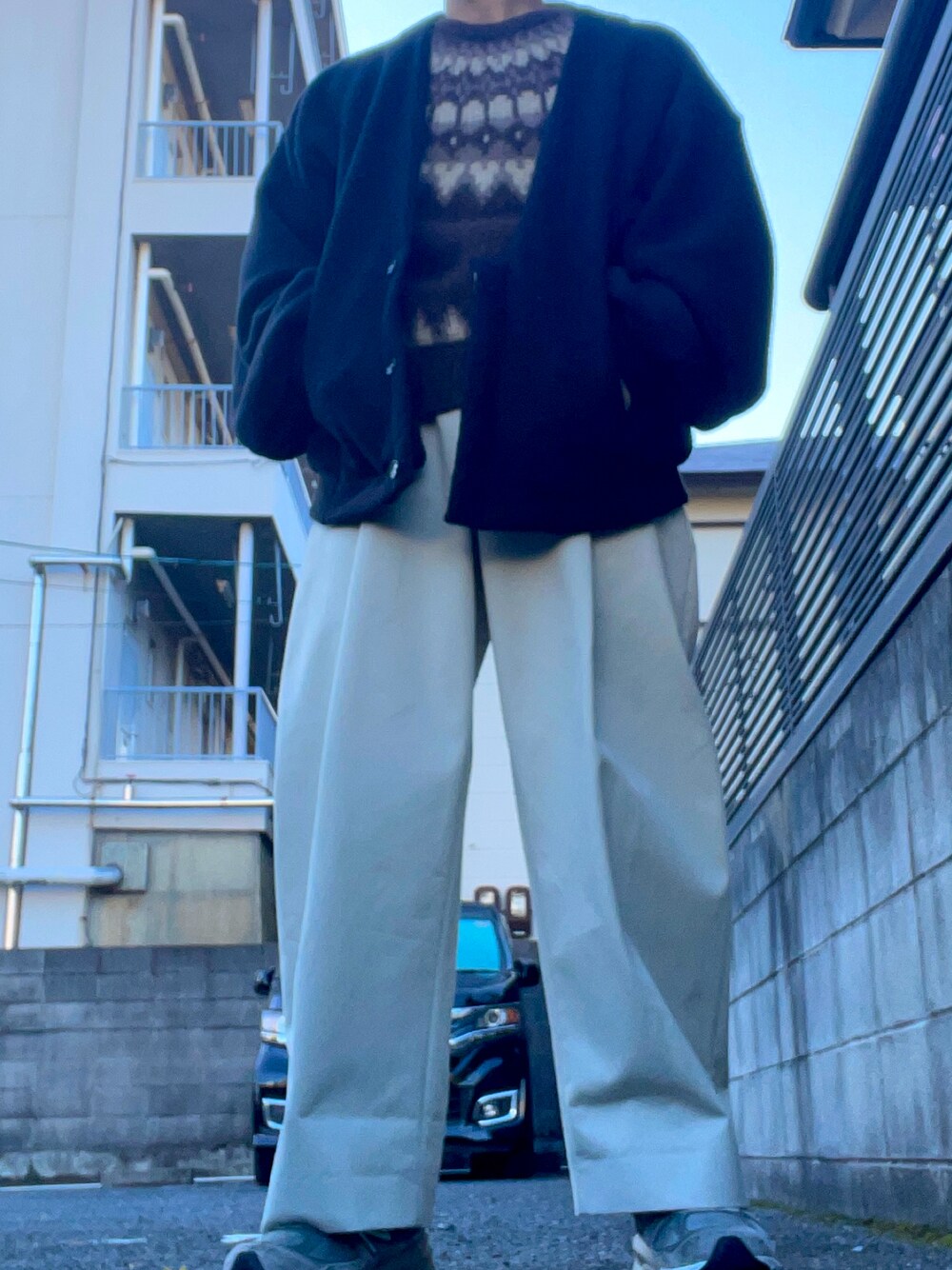 「カジュアル、オーバーサイズ、スニーカーコーデ、休日スタイル、ユニセックス、冬、今日のコーデ、おしゃれさんと繋がりたい、いいね、save、フォローお願いします🤑、未来のWEARISTAプロジェクト、STUDIONICHOLSON、モヘアニット、BATONER」｜「STUDIO NICHOLSONの【STUDIO NICHOLSON】 PEACHED COTTON VOLUME PLEAT PANTS（チノパンツ、ホワイト系）」を使った、nii相互さん（メンズ・165cm）の秋コーディネートの1枚目の写真