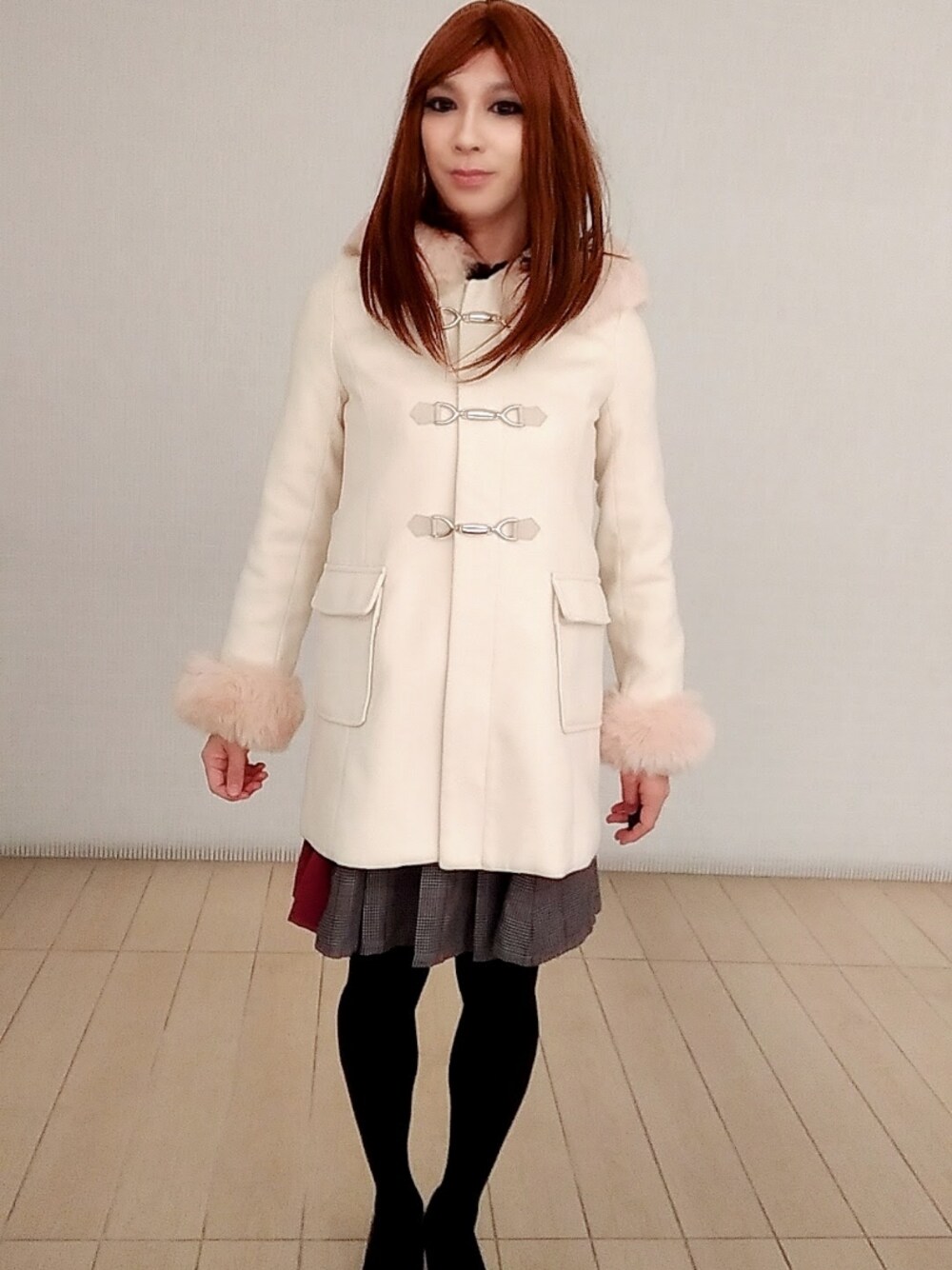 「女装、ダッフルコート、お洒落さんとつながりたい、おしゃれさんと繋がりたい、冬コーデ、axes femme」｜「one wayのビットダッフルコート（ダッフルコート、ホワイト系）」を使った、西村らんさん（メンズ・170cm）の冬コーディネートの1枚目の写真