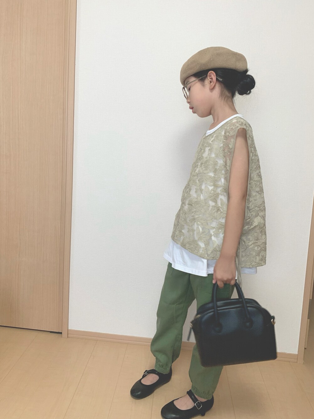 「夏コーデ、おでかけコーデ、夏ファッション、めがね、おしゃれさんと繋がりたい、グリーン」｜「しまむらのアイテム（バッグ、ブラック系）」を使った、momono13さん（キッズ・130cm）の夏コーディネートの1枚目の写真