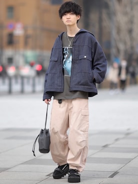 「グラフィックＴ」｜「アイテム（ブルゾン）」を使った、こめさん（メンズ・177cm）の春コーディネート