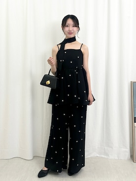 「Kana（カナ）のハート刺繍ペプラムパンツドレス3点セット パーティードレス 結婚式 お呼ばれ オケージョンドレス（パンツドレス、ブラック系）」を使った、kana_staffさん（レディース・170cm）の夏コーディネート
