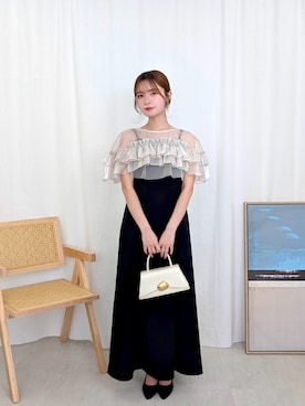 「Kana（カナ）のグロッシーフリルショートボレロ フレアワンピースドレス 2点セット 結婚式 お呼ばれ オケージョン（ドレス、ベージュ系）」を使った、kana_staffさん（レディース・157cm）の春コーディネート
