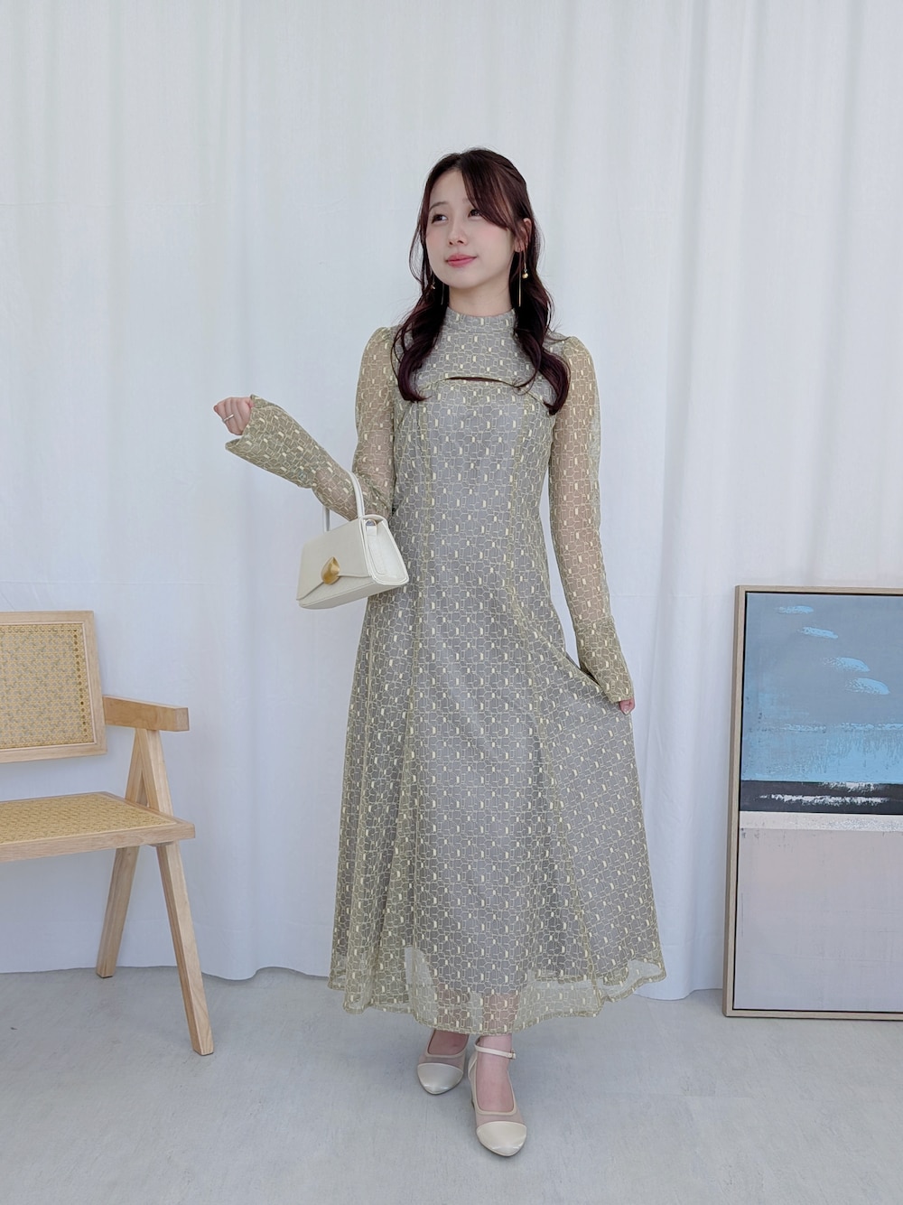 幾何学柄 レース バックオープン ワンピース パーティー ドレス 結婚式