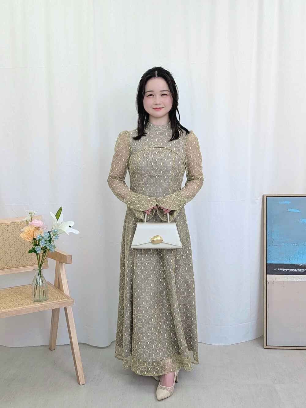 幾何学柄 レース バックオープン ワンピース パーティー ドレス 結婚式