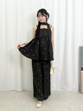 「Kana（カナ）のハート刺繍ペプラムパンツドレス3点セット パーティードレス 結婚式 お呼ばれ オケージョンドレス（パンツドレス、ブラック系）」を使った、kana_staffさん（レディース・170cm）の夏コーディネート