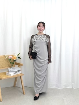 「Kana（カナ）の胸元フリルドレープIラインドレス2点セット パーティー ドレス 結婚式 お呼ばれ オケージョンドレス（ドレス、グレー系）」を使った、kana_staffさん（レディース・170cm）の夏コーディネート