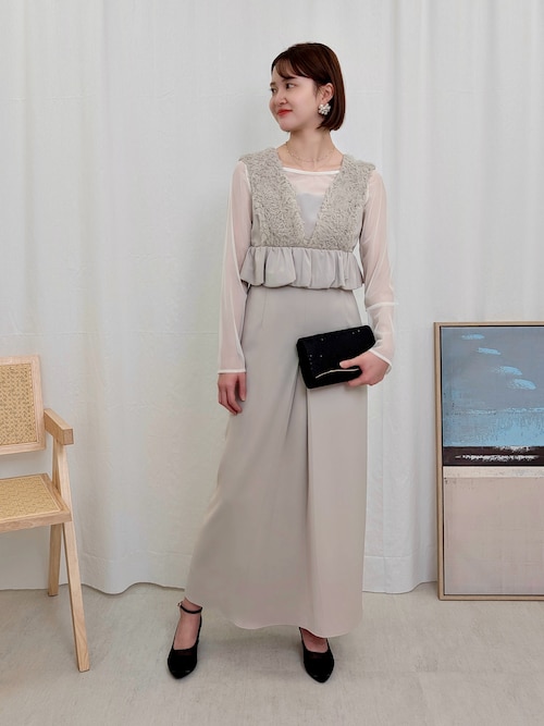 セール】チュールフリルペプラム Iラインワンピースドレス シアー