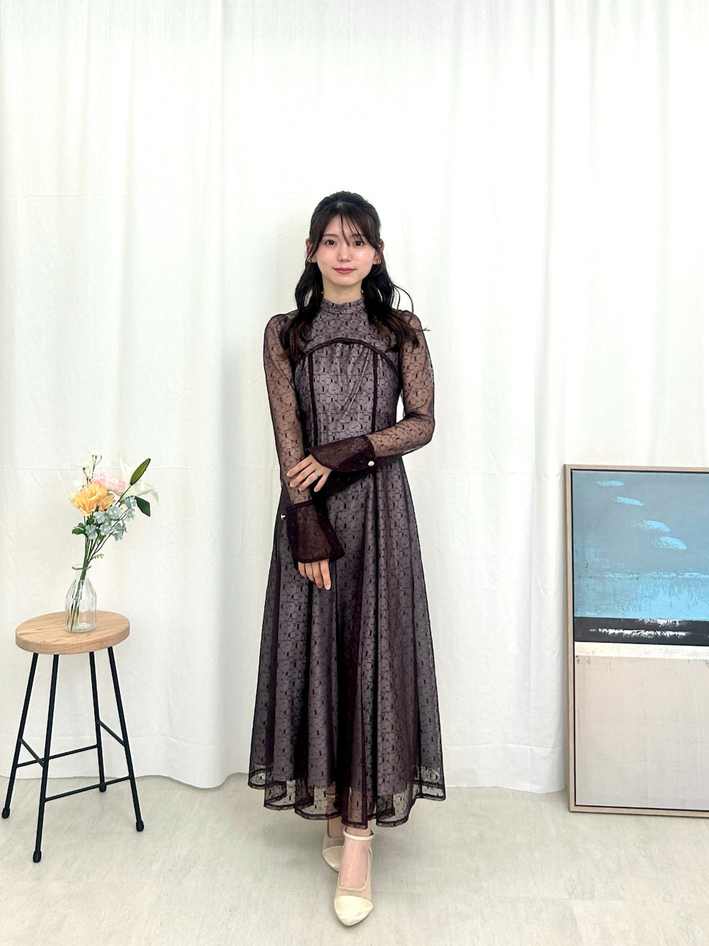 幾何学柄 レース バックオープン ワンピース パーティー ドレス 結婚式