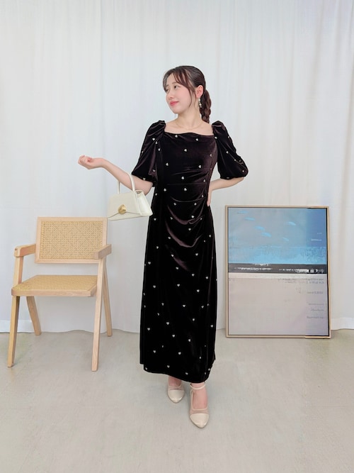 ハート刺繍 ベロア ウエストタック デザイン ワンピース ドレス 結婚式 お呼ばれ オケージョン デイリー