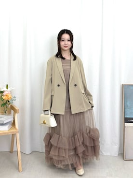 「Kana（カナ）のボリュームチュールジャケット2点セットワンピースドレス　パーティー ドレス 結婚式 お呼ばれ オケージョン（ドレス、ベージュ系）」を使った、kana_staffさん（レディース・170cm）の夏コーディネート