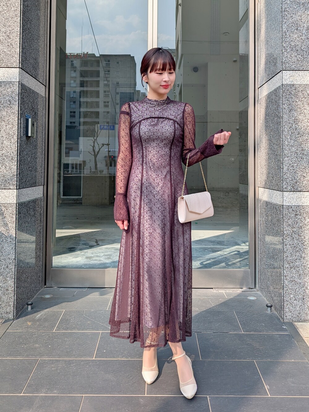 幾何学柄 レース バックオープン ワンピース パーティー ドレス 結婚式