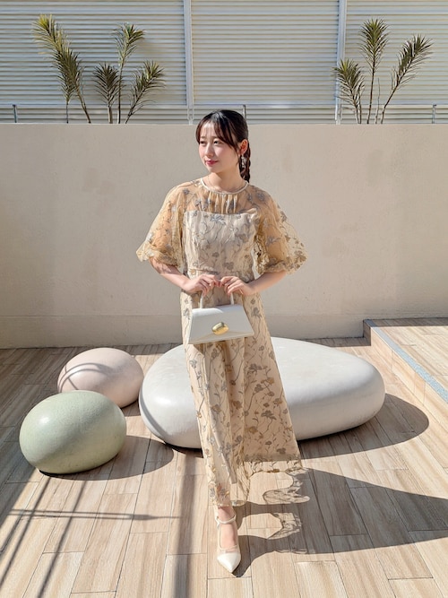 パフスリーブ フラワー刺繍 フェミニン パーティー ドレス マタニティ