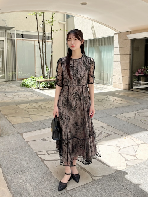 kana オケージョン結婚式パーティード レス Aラインワンピースレース 花柄レースパイピングAラインワンピースドレス パーティー ドレス 結婚