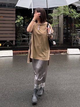 「DouDou（ドゥドゥ）のバックロゴチュニックTEE（Tシャツ/カットソー、グリーン系）」を使った、sakuraさん（レディース・166cm）の夏コーディネート
