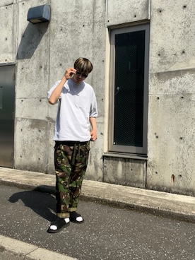 「no brand（ノーブランド）のアイテム（サンダル）」を使った、ポッキーさん（メンズ・178cm）の夏コーディネート