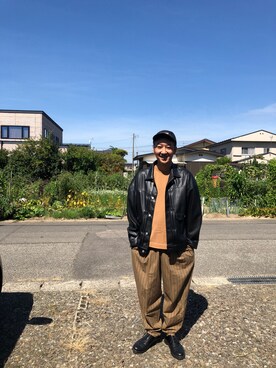 「秋トレンド2021」｜「アイテム（ライダースジャケット）」を使った、noraさん（メンズ・175cm）の秋コーディネート