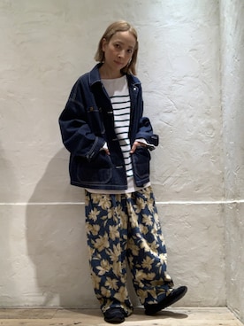 「柄×柄」｜「アイテム（デニムジャケット）」を使った、hiroseさん（レディース・155cm）の冬コーディネート