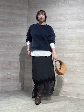 「Jena espace merveilleux(ジェナ エスパスメルヴェイユ)の裾袖トロミ切替カットソー 秋服(Tシャツ/カットソー、ホワイト系)」を使った、鈴さん(レディース・158cm)の秋コーディネート