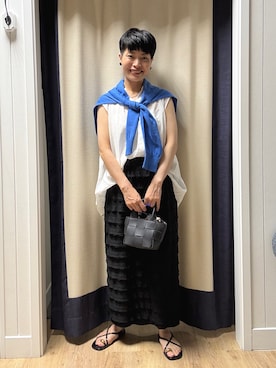 「Dessin（デッサン）のギャザーネック フレンチスリーブブラウス（シャツ/ブラウス、ホワイト系）」を使った、minamikaze373さん（レディース）の夏コーディネート