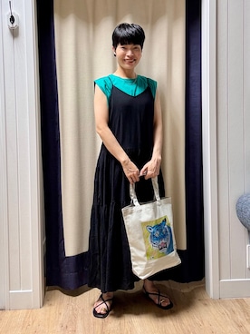 「Dessin（デッサン）の【接触冷感/UVカット】美光沢ノースリーブカットソー（Tシャツ/カットソー、グリーン系）」を使った、minamikaze373さん（レディース）の夏コーディネート