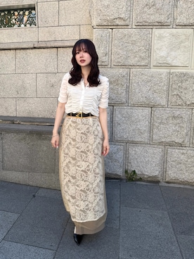「Shelly island（シェリーアイランド）のシャーリングシアーカーディガン（Tシャツ/カットソー、ホワイト系）」を使った、maiさん（レディース・154cm）の夏コーディネート