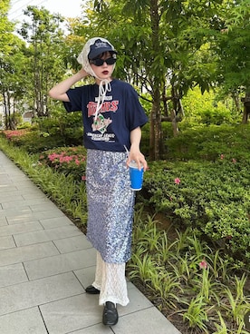 「BAUM UND PFERDGARTEN（バウムウンドヘルガーデン）のアイテム（スカート、ブルー系）」を使った、maiさん（レディース・154cm）の夏コーディネート
