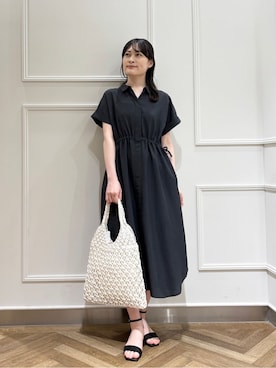 「DRESKIP（ドレスキップ）の【S-LL】お顔周りすっきり 麻調スキッパーシャツワンピース（ワンピース、グレー系）」を使った、バタコさんの春コーディネート