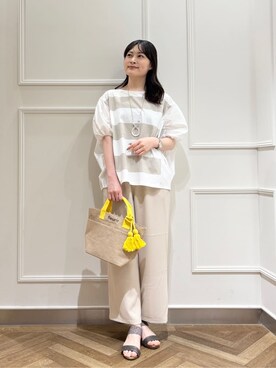 「SHOO・LA・RUE（シューラルー）のふわりシルエットが新しい ワイドピッチボーダートップス（Tシャツ/カットソー、ベージュ系）」を使った、バタコさんの春コーディネート