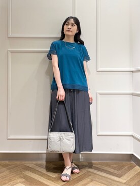 「DRESKIP（ドレスキップ）の【S-LL/ひんやり】インせず決まる 楽してきれいなレース付きトップス（Tシャツ/カットソー、ブルー系）」を使った、バタコさんの夏コーディネート