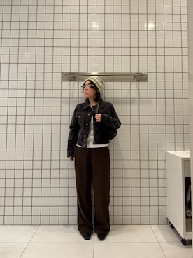 「SMELLY(スメリー)のカラーボーダーワッチ(ニットキャップ/ビーニー、グレー系)」を使った、fyueeさん(レディース・157cm)の秋コーディネート