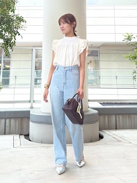 「NATURAL BEAUTY BASIC（ナチュラルビューティーベーシック）のハイネックフリルスリーブカットソー（Tシャツ/カットソー、ホワイト系）」を使った、miyu🌷さん（レディース・160cm）の夏コーディネート