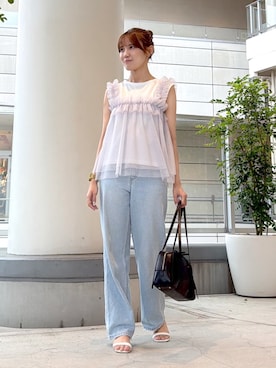 「NATURAL BEAUTY BASIC（ナチュラルビューティーベーシック）のチュールキャミドッキングカットソー（Tシャツ/カットソー、ホワイト系）」を使った、miyu🌷さん（レディース・160cm）の夏コーディネート