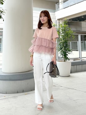 「NATURAL BEAUTY BASIC（ナチュラルビューティーベーシック）の【追加生産】カットドビーティアードカットソー（Tシャツ/カットソー、ピンク系）」を使った、miyu🌷さん（レディース・160cm）の夏コーディネート